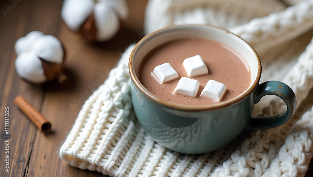 Cozy winter scene featuring a knitted sweater, hot cocoa with marshmallows, and natural elements like cinnamon sticks and a cotton branch._00001_
