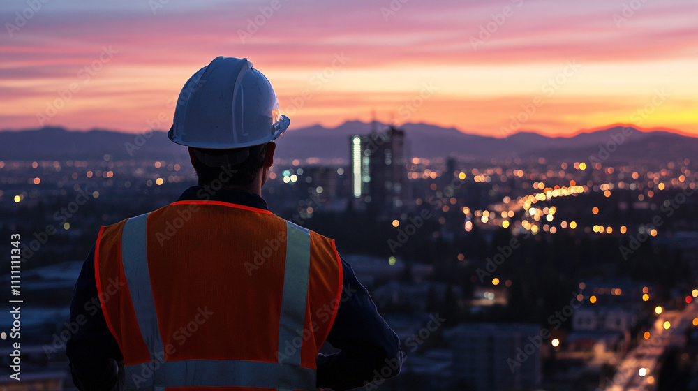 Construction Worker Sunset Cityscape Panorama Construction Worker Sunset Cityscape Panorama