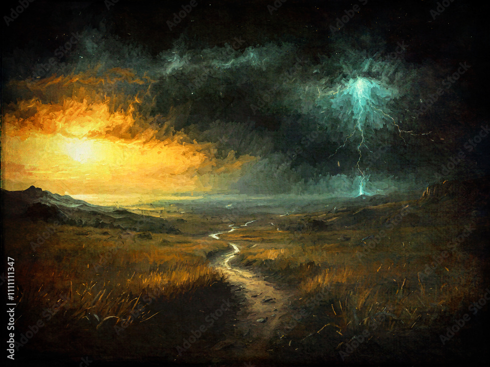 Dramatische Landschaft mit Sonnenaufgang und Gewitterstimmung in der Ferne Dramatische Landschaft mit Sonnenaufgang und Gewitterstimmung in der Ferne