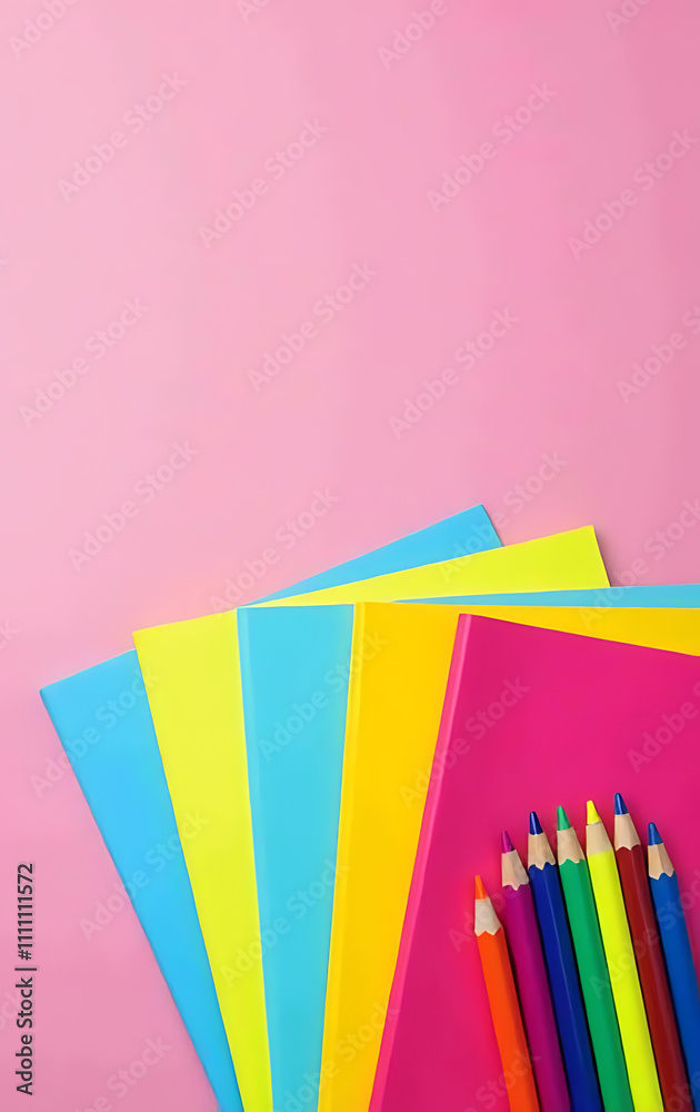 Colorful school supplies including copybooks and pens sit on a pink background waiting for students to start the new year._00001_ Colorful school supplies including copybooks and pens sit on a pink background waiting for students to start the new year._00001_