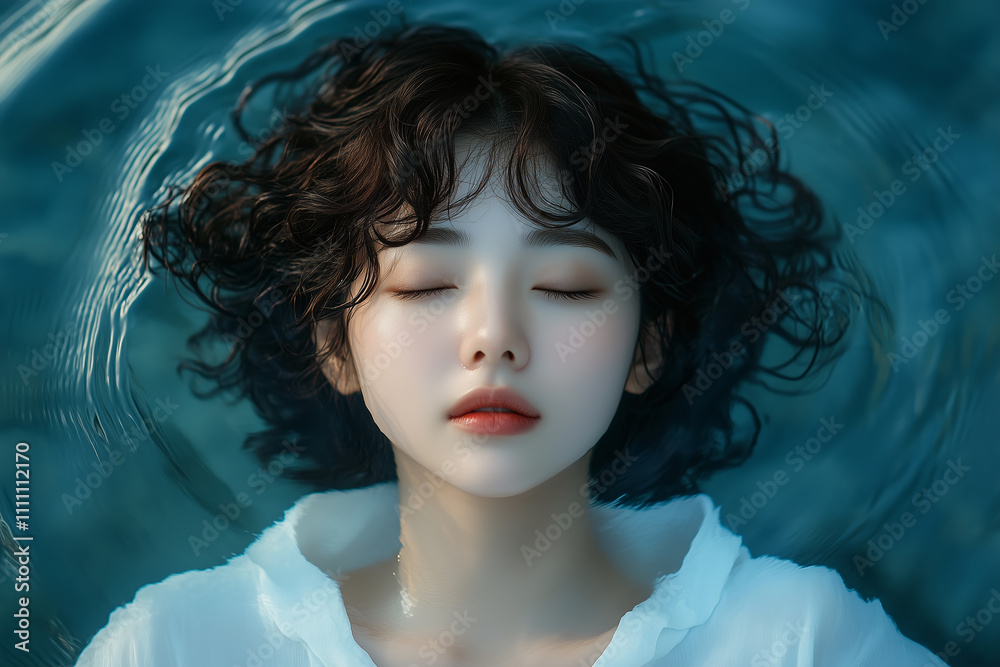 serene woman with curly hair floats peacefully on lake, eyes closed, surrounded by rippling water. tranquil scene evokes sense of calm and beauty serene woman with curly hair floats peacefully on lake, eyes closed, surrounded by rippling water. tranquil scene evokes sense of calm and beauty