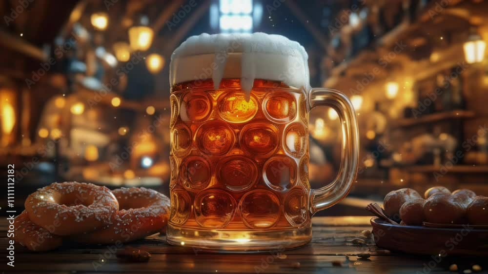 Frothy Beer in Traditional Mug with Pretzels in Warm Tavern Setting, Perfect for Oktoberfest Celebrations, Rustic Bars, or Cozy Drink Photography in Amber Tones Frothy Beer in Traditional Mug with Pretzels in Warm Tavern Setting, Perfect for Oktoberfest Celebrations, Rustic Bars, or Cozy Drink Photography in Amber Tones