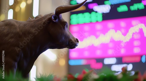 A bronze bull statue symbolizing market strength, with colorful stock market data in the background. photo