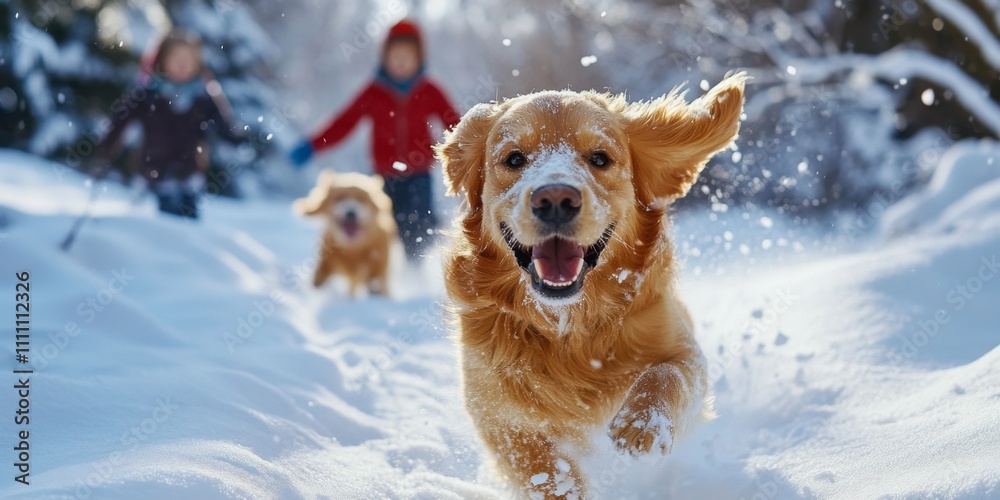 A joyful golden retriever runs through the fresh white snow. Two children play in the background, enjoying the winter day. The photo captures the essence of happiness. AI A joyful golden retriever runs through the fresh white snow. Two children play in the background, enjoying the winter day. The photo captures the essence of happiness. AI