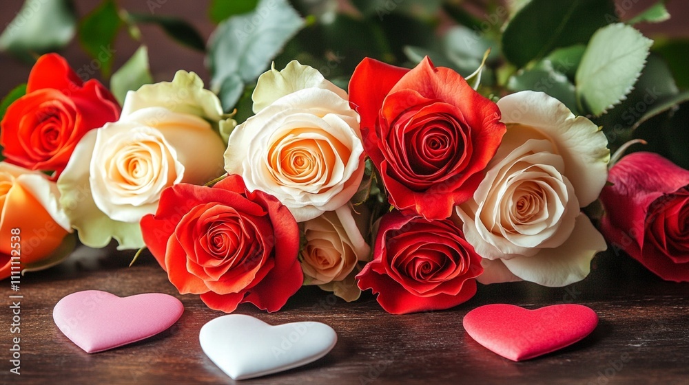Beautiful fresh roses in red, white and peach colors arranged on rustic wooden surface with decorative heart shapes, perfect for Valentine's Day or romantic occasions. Beautiful fresh roses in red, white and peach colors arranged on rustic wooden surface with decorative heart shapes, perfect for Valentine's Day or romantic occasions.