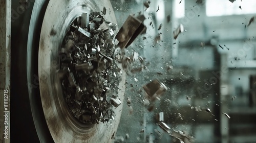A high-speed impact shows metal fragments exploding from a rotating disk in an industrial setting.