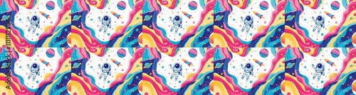 seamless pattern of Astronaut,rocket,planets pink blue whimsical space exploration childlike joy 