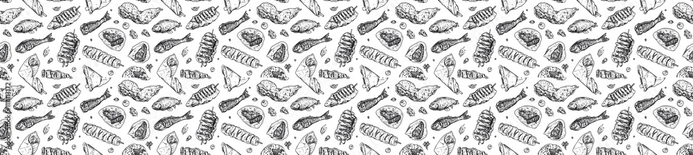 seamless pattern of Black and white sketch style grilled food fish and meat, summer BBQ seamless pattern of Black and white sketch style grilled food fish and meat, summer BBQ