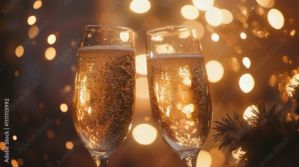 Glasses of sparkling champagne on New Year's and Christmas Eve, champagne with which to make a toast in the festive atmosphere, a sparkling fine wine for special occasions.
