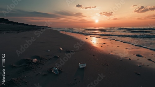 Wallpaper Mural Golden Hour Sunset Over a Beach with Plastic Waste, pollution, coastal Torontodigital.ca