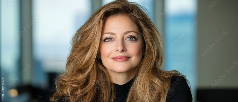 A confident woman with long hair smiles in a bright, contemporary office space A confident woman with long hair smiles in a bright, contemporary office space