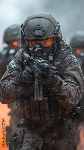 soldiers in modern gear aim an M-16 rifle at a black monster that looks like smoke. photo