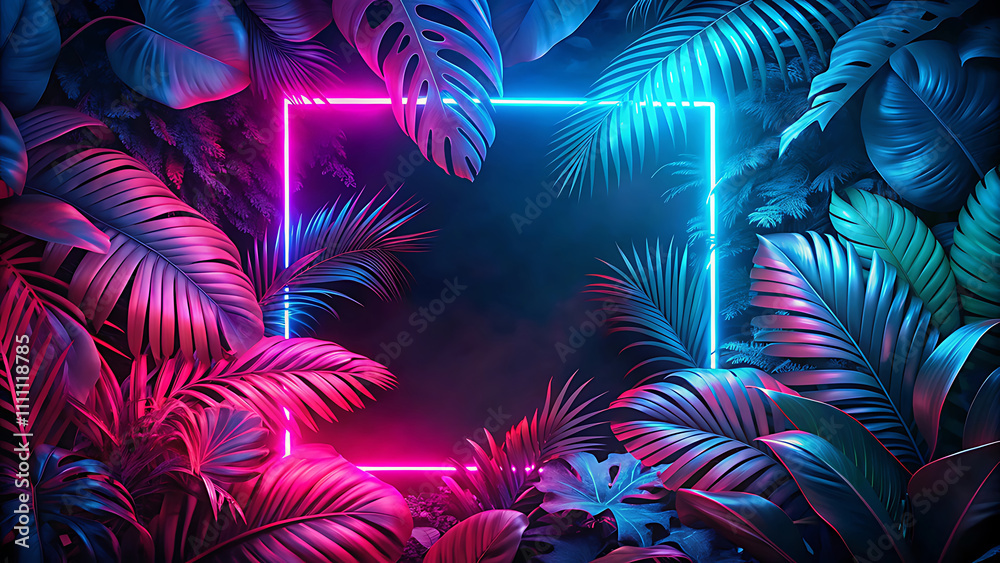 Fototapeta premium Digital Artwork of Neon Pink Frame with Electric Blue and Hot Pink Tropical Leaves: High-Contrast Glowing Design for Striking, Vivid Visual Impact