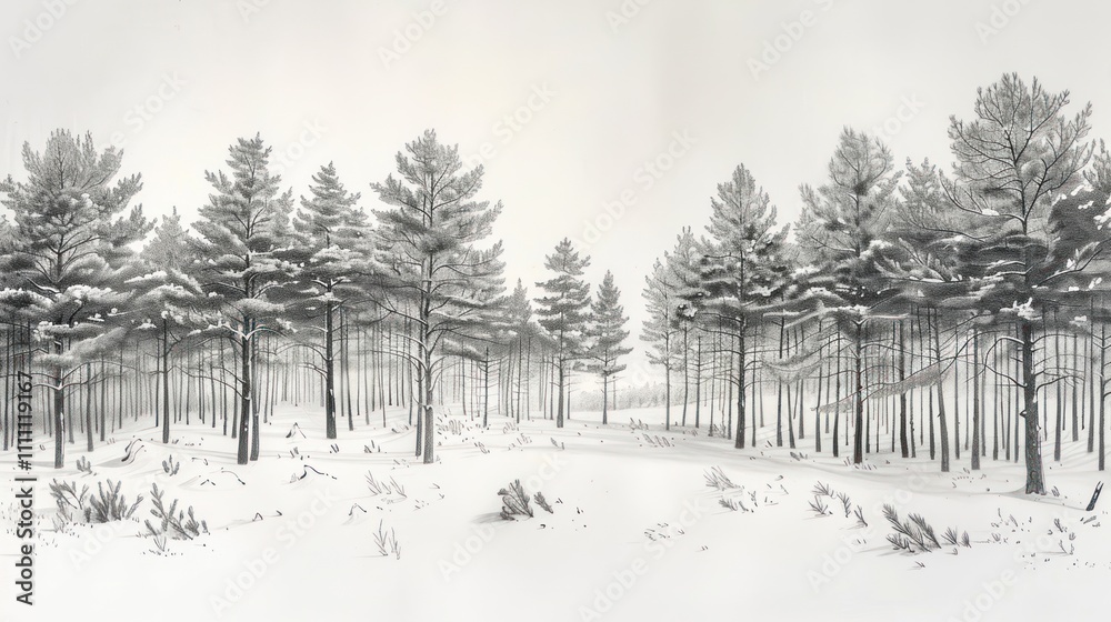 Snow-covered pine forest in winter, monochrome. Snow-covered pine forest in winter, monochrome.