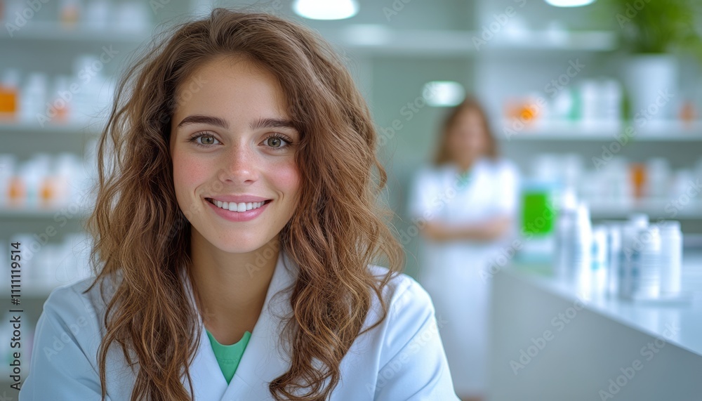 Young pharmacist welcomes customers with a friendly smile in a busy pharmacy Young pharmacist welcomes customers with a friendly smile in a busy pharmacy