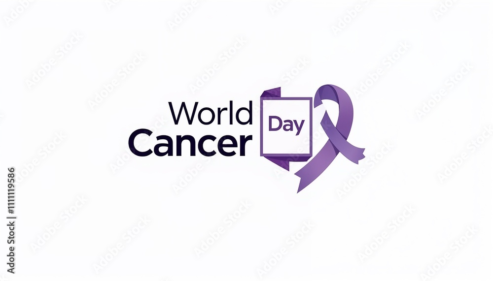 World Cancer Day logo with purple ribbon, awareness campaign design, clean layout, copy space World Cancer Day logo with purple ribbon, awareness campaign design, clean layout, copy space
