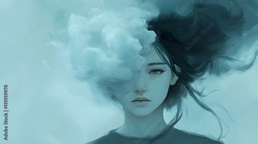 Ethereal portrait of a young woman with flowing hair surrounded by wispy clouds in a serene color palette Ethereal portrait of a young woman with flowing hair surrounded by wispy clouds in a serene color palette