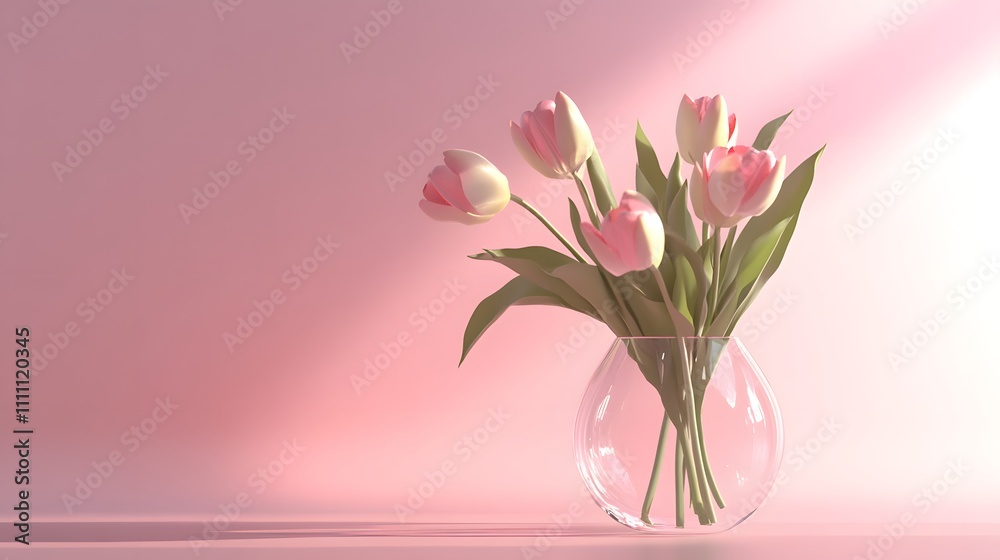 Colorful tulip bouquet in a clear vase on a soft pink background with gentle lighting in a serene indoor setting Colorful tulip bouquet in a clear vase on a soft pink background with gentle lighting in a serene indoor setting