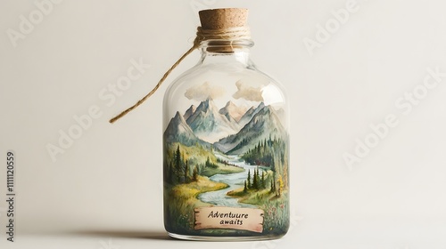 Beautiful glass bottle with painted landscape of mountains and river showcasing a message of adventure awaits photo