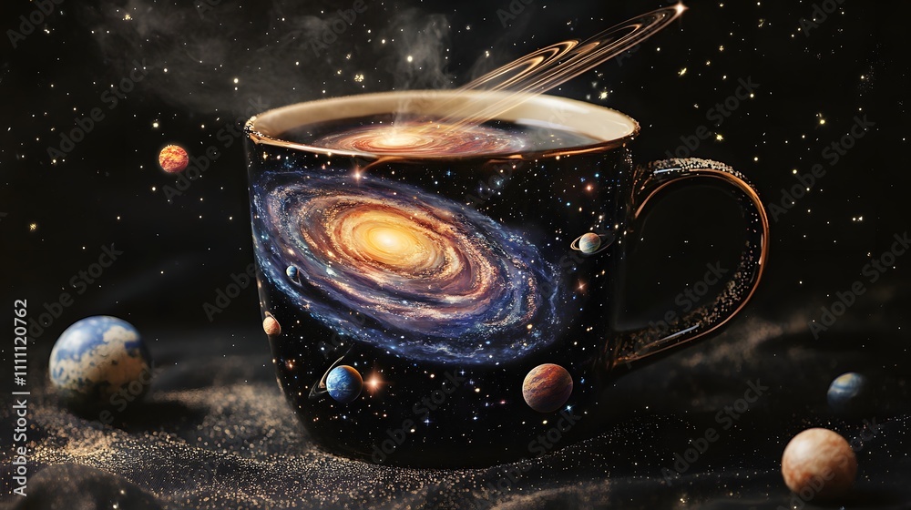 Cosmic coffee cup filled with swirling galaxies and planets in a dark, starry background Cosmic coffee cup filled with swirling galaxies and planets in a dark, starry background