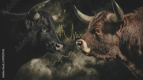 Two powerful bulls face each other, symbolizing strength and determination against a dark, textured background. photo