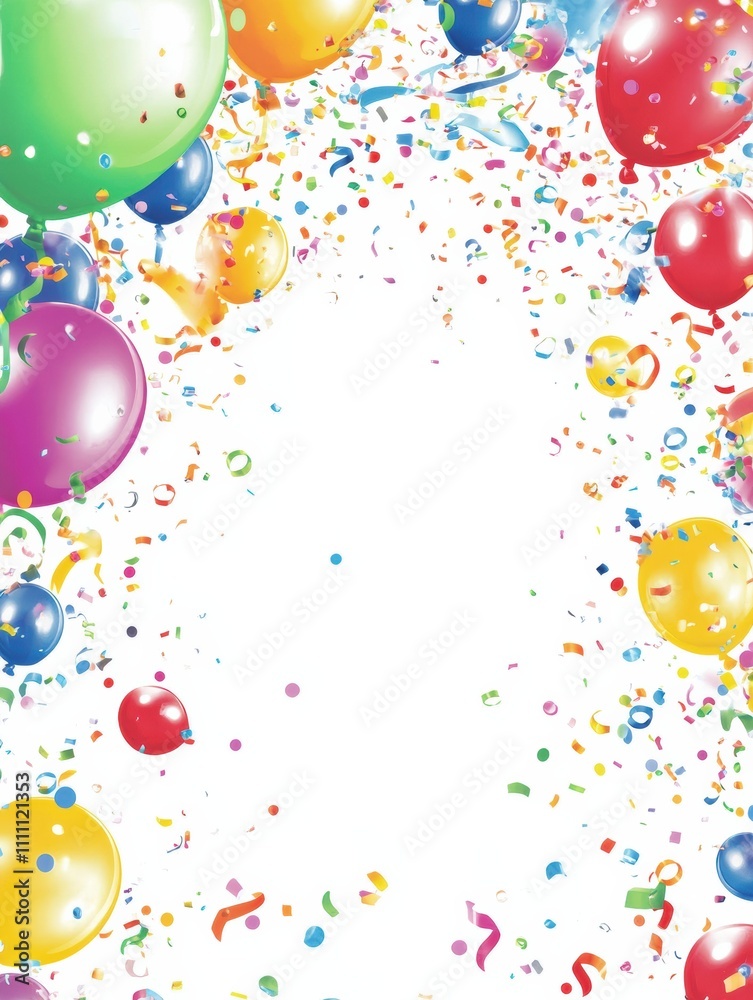 Bright balloons and vibrant confetti create a festive atmosphere on a clean white background, inviting creativity and celebration. Generative AI Bright balloons and vibrant confetti create a festive atmosphere on a clean white background, inviting creativity and celebration. Generative AI