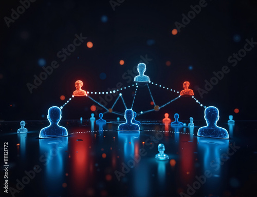 Abstract digital network of interconnected human icons in neon glow