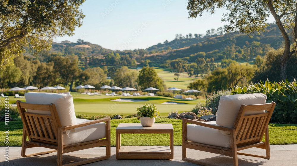 Fototapeta premium Serene Outdoor Patio Relaxing Chairs Golf Course View