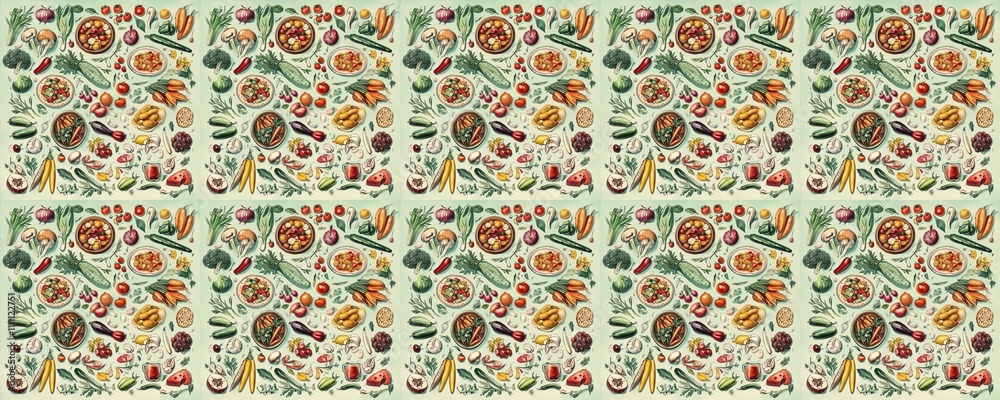 seamless pattern of Vibrant watercolor vegetables harvest bounty green orange healthy food autumn 