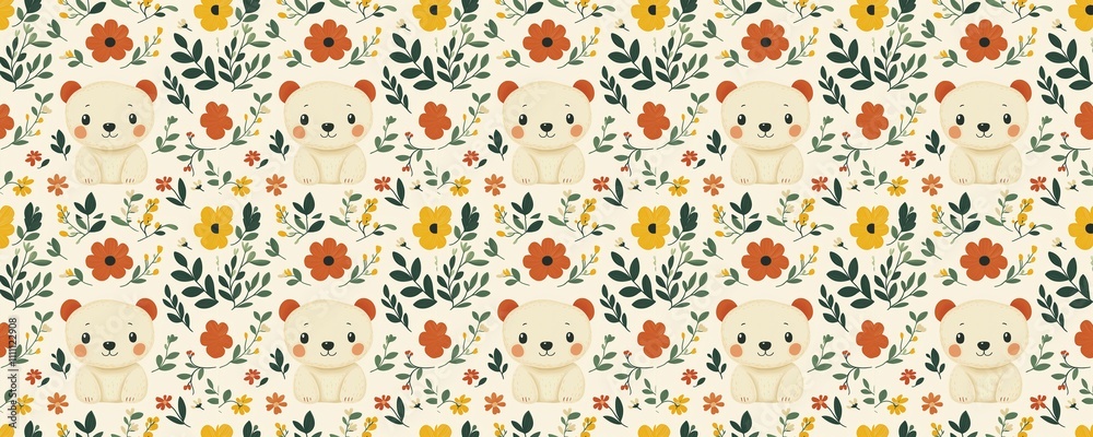 seamless pattern of Adorable cream bear amidst orange yellow floral pattern spring joyful cute illustration
seamless pattern of Adorable cream bear amidst orange yellow floral pattern spring joyful cute illustration