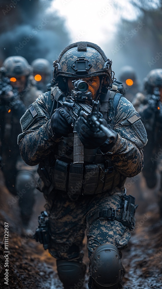 soldiers in modern gear aim an M-16 rifle at a black monster that looks like smoke. soldiers in modern gear aim an M-16 rifle at a black monster that looks like smoke.