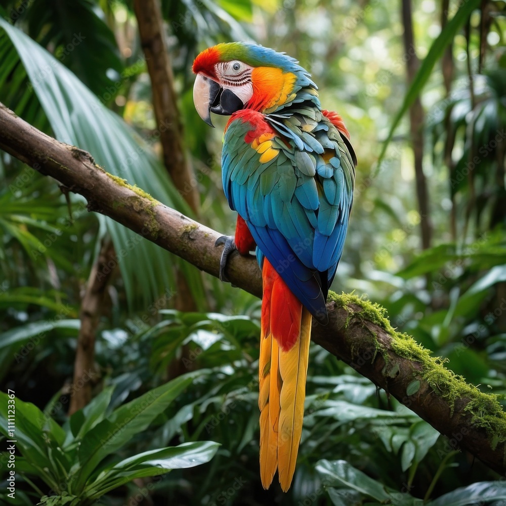 brightly colored parrot on a branch in a tropical forest brightly colored parrot on a branch in a tropical forest