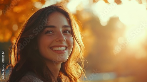 Cheerful young woman smiles warmly against a backdrop of autumn leaves during sunset