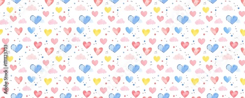 seamless pattern of Watercolor hearts clouds pattern pink blue yellow romantic love Valentine's Day 
