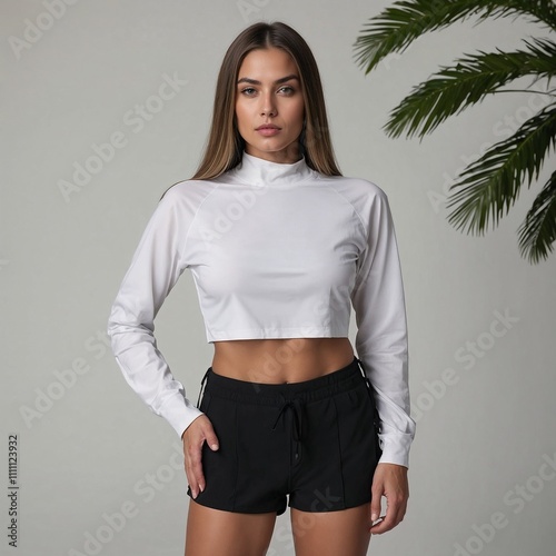 Confident woman in sporty white crop top and black shorts posing indoors