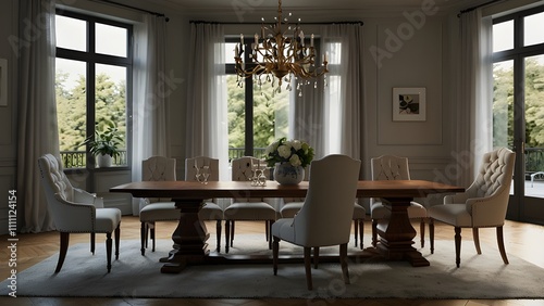 A traditional dining table in the house. AI generative technology.