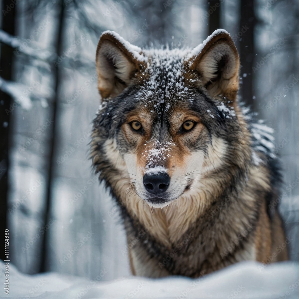 Obraz premium wild wolf in winter forest, close-up,