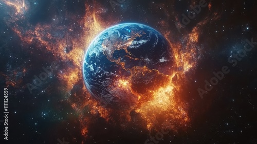 Colorful depiction of Earth engulfed in flames amidst a cosmic backdrop featuring bright stars and swirling gases