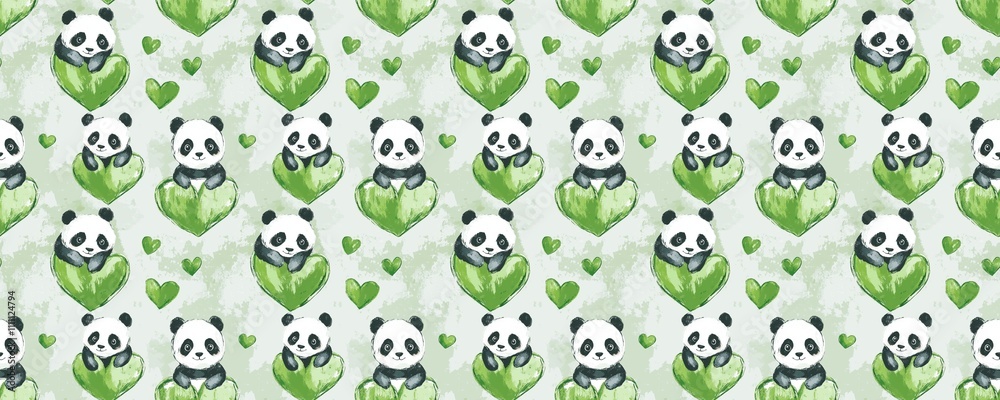 Obraz premium seamless pattern of Adorable pandas in green hearts watercolor style love concept Valentine's Day 