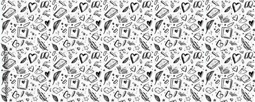 seamless pattern of Black and white hand drawn bookish love   romantic doodle style, Valentines Day 