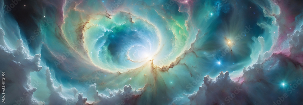 Fototapeta premium Vision of the cosmos with serene nebulas, stars, and galaxies in shades of blue, light blue, green, yellow and white. A tranquil celestial scene.
