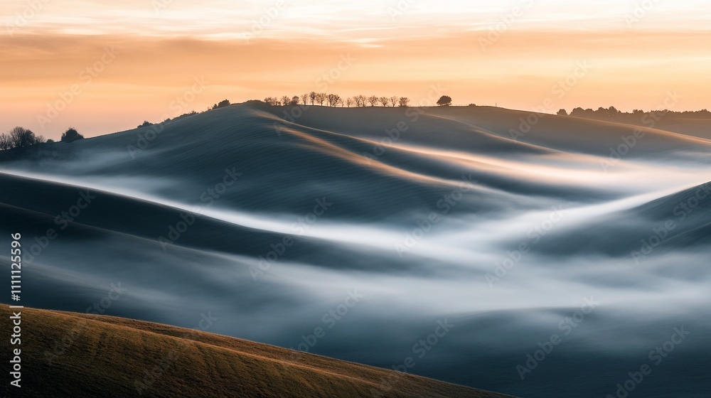 Serene landscape with rolling hills and mist at sunrise, evoking tranquility and beauty. Serene landscape with rolling hills and mist at sunrise, evoking tranquility and beauty.