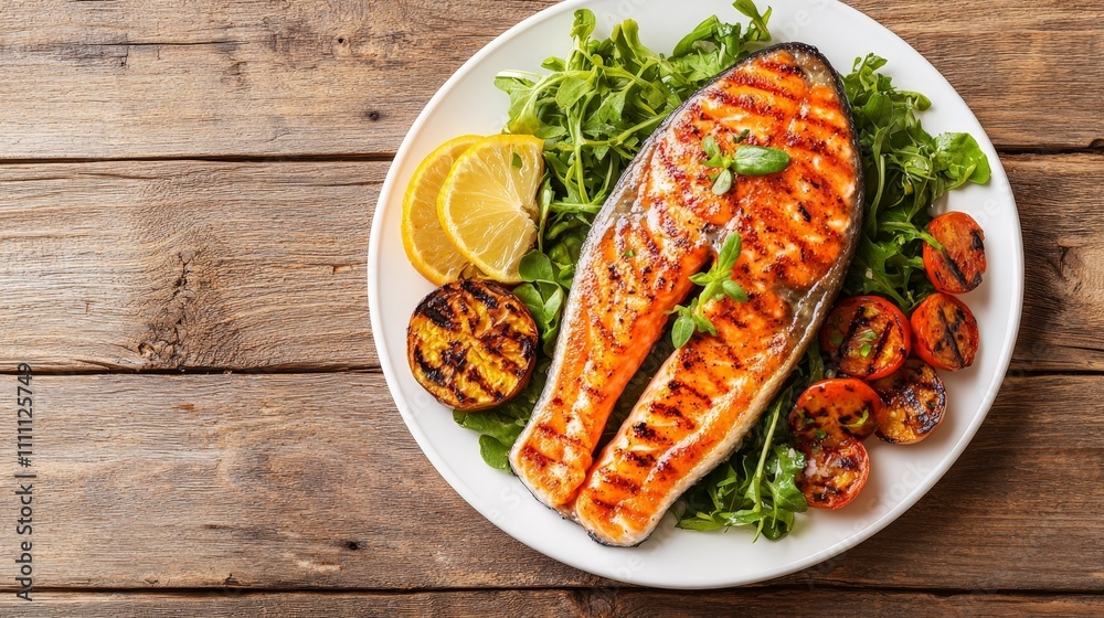 Grilled salmon fillet served with greens, grilled tomatoes, and lemon wedges on a plate. Grilled salmon fillet served with greens, grilled tomatoes, and lemon wedges on a plate.