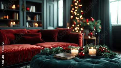 A beautifully decorated living room showcasing a festive atmosphere, featuring a Christmas tree, sparkling lights, red sofa, and a cozy arrangement of candles. photo