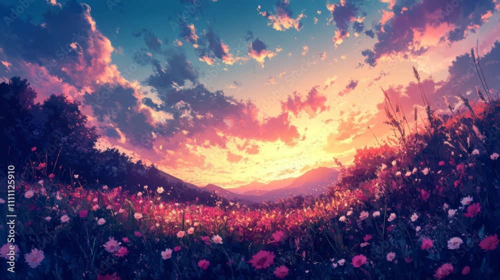A Field of Flowers at Sunset with a Mountain Range in the Distance A Field of Flowers at Sunset with a Mountain Range in the Distance