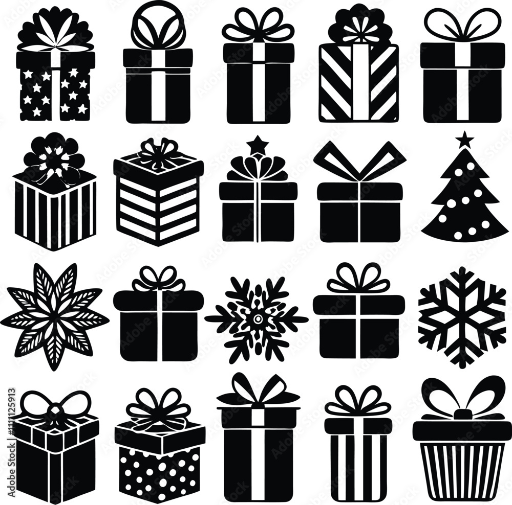 set of line art Christmas gift icon silhouette on white background set of line art Christmas gift icon silhouette on white background
