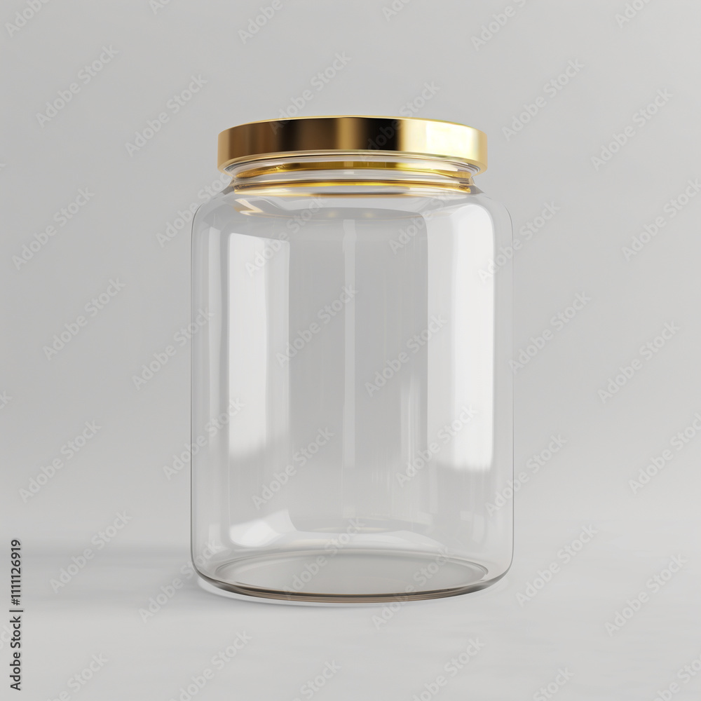 Clear glass jar with a golden lid on a plain background. Clear glass jar with a golden lid on a plain background.