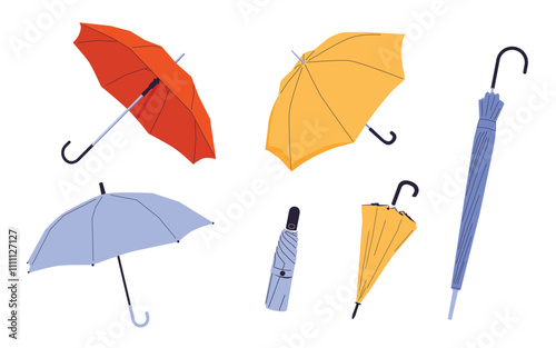 Set of different Umbrellas in various positions. Open and folded umbrellas. Muted colors. Hand drawn colored Vector