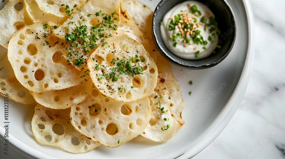 Lotus Root Chips with Wasabi Mayo and Togarashi Spice, Modern Asian Bar Snack Photography Lotus Root Chips with Wasabi Mayo and Togarashi Spice, Modern Asian Bar Snack Photography