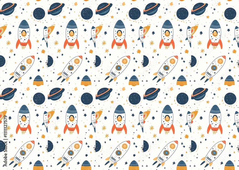 seamless pattern of Cute rocketships navy orange space kids pattern joyful adventure seamless pattern of Cute rocketships navy orange space kids pattern joyful adventure